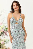 Load image into Gallery viewer, Grey Green Mermaid Floral Bridesmaid Dress