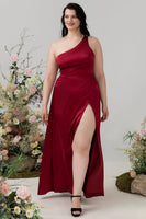 Load image into Gallery viewer, Burgundy Plus Size One Shoulder Long Bridesmaid Dress