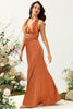 Load image into Gallery viewer, A Line Halter Neck Copper Long Bridesmaid Dress with Criss Cross Back