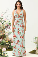 Load image into Gallery viewer, A Line Deep V Neck Green Printed Long Bridesmaid Dress
