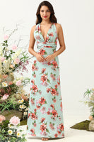 Load image into Gallery viewer, A Line Deep V Neck Green Printed Long Bridesmaid Dress