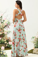 Load image into Gallery viewer, A Line Deep V Neck Green Printed Long Bridesmaid Dress