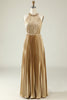 Load image into Gallery viewer, Halter Neck Golden Pleated Long Bridesmaid Dress