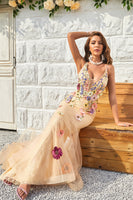 Load image into Gallery viewer, Spaghetti Straps Champagne Long Formal Dress with Appliques