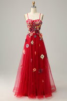 Load image into Gallery viewer, Tulle Spaghetti Straps Burgundy Long Formal Dress with Embroidery