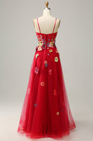 Load image into Gallery viewer, Tulle Spaghetti Straps Burgundy Long Formal Dress with Embroidery