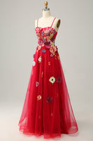 Load image into Gallery viewer, Tulle Spaghetti Straps Burgundy Long Formal Dress with Embroidery