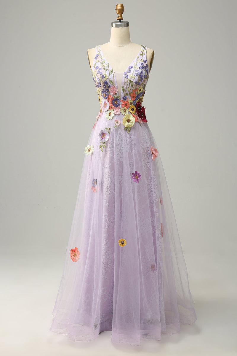 Load image into Gallery viewer, Tulle Backless Lavender Long Formal Dress with Embroidery