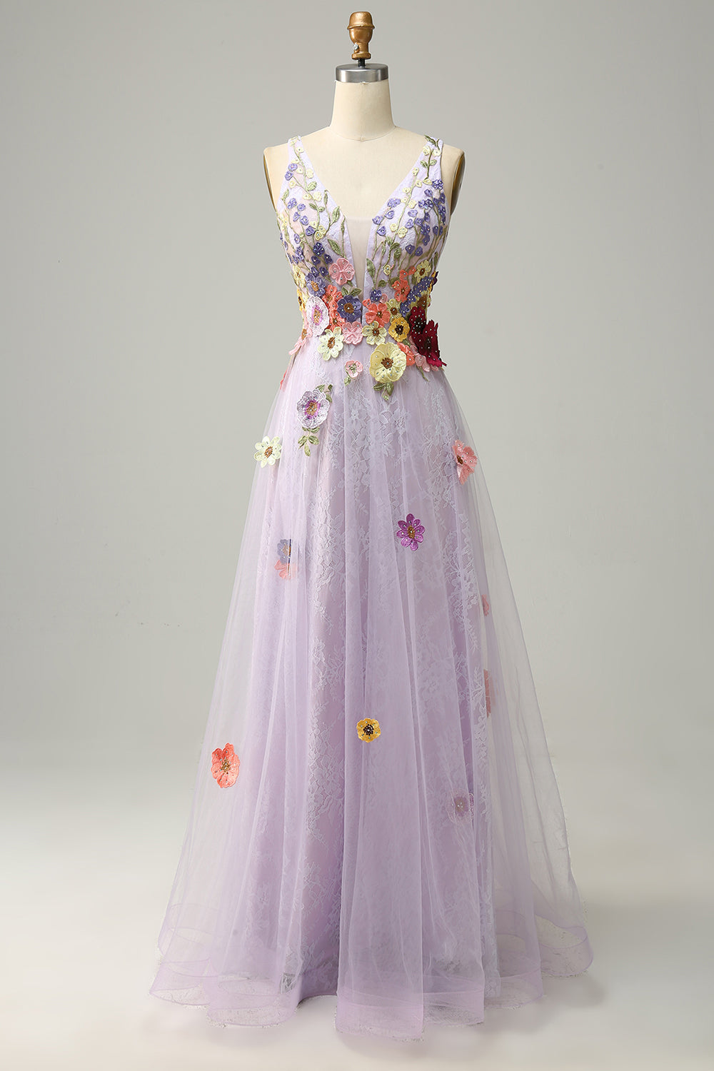 Tulle Backless Lavender Long Formal Dress with Embroidery