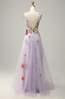 Load image into Gallery viewer, Tulle Backless Lavender Long Formal Dress with Embroidery