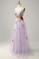 Load image into Gallery viewer, Tulle Backless Lavender Long Formal Dress with Embroidery