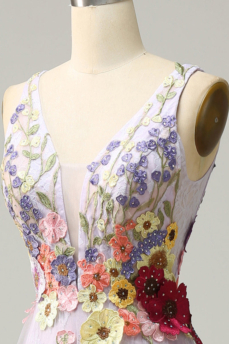 Load image into Gallery viewer, Tulle Backless Lavender Long Formal Dress with Embroidery