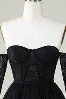 Load image into Gallery viewer, A Line Off the Shoulder Purple Corset Short Formal Dress with Long Sleeves