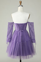 Load image into Gallery viewer, A Line Off the Shoulder Purple Corset Short Formal Dress with Long Sleeves