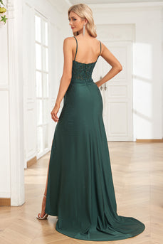 Spaghetti Straps Beaded Dark Green Long Formal Dress with Slit