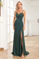 Load image into Gallery viewer, Spaghetti Straps Beaded Dark Green Long Formal Dress with Slit