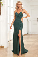 Load image into Gallery viewer, Spaghetti Straps Beaded Dark Green Long Formal Dress with Slit