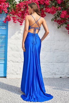 Sparkly V-Neck Royal Blue Long Formal Dress with Beading