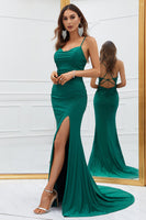 Load image into Gallery viewer, Mermaid Spaghetti Straps Dark Green Long Formal Dress with Criss Cross Back