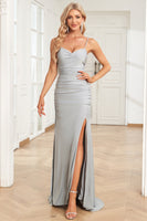 Load image into Gallery viewer, Mermaid Lace-Up Back Grey Long Formal Dress with Slit