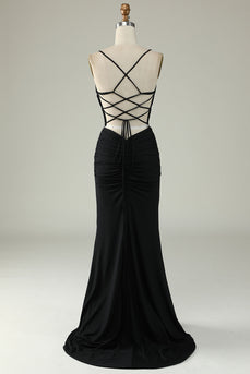 Mermaid Lace-Up Back Black Long Formal Dress