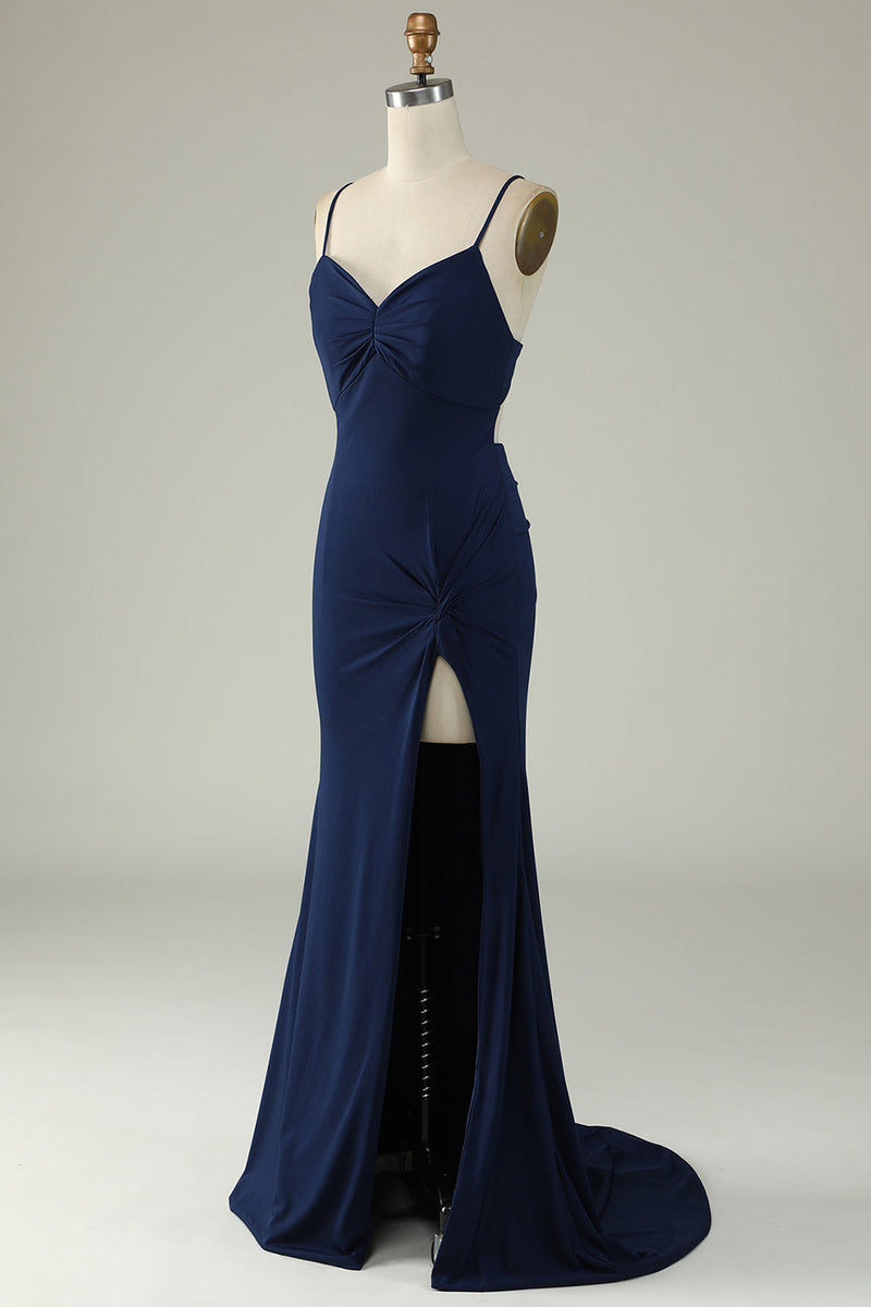 Load image into Gallery viewer, Mermaid Spaghetti Straps Navy Long Formal Dress with Slit