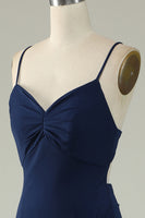 Load image into Gallery viewer, Mermaid Spaghetti Straps Navy Long Formal Dress with Slit