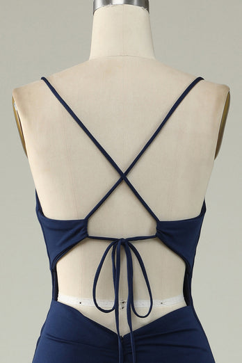 Mermaid Spaghetti Straps Navy Long Formal Dress with Slit