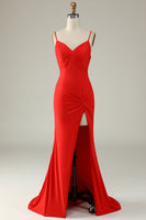 Load image into Gallery viewer, Mermaid Spaghetti Straps Red Long Formal Dress with Slit