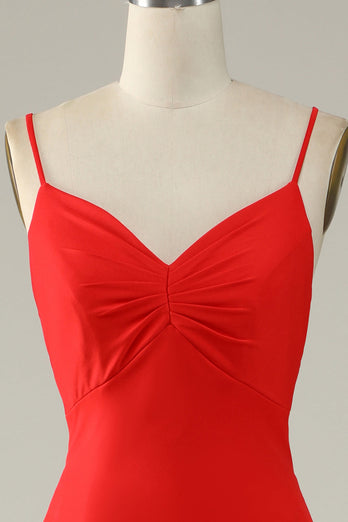 Mermaid Spaghetti Straps Red Long Formal Dress with Slit