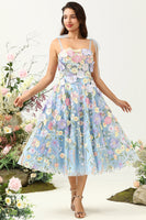 Load image into Gallery viewer, Cute A Line Spaghetti Straps Blue Tea Length Formal Dress with 3D Flowers