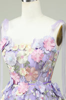 Load image into Gallery viewer, A Line Spaghetti Straps Purple Corset Short Formal Dress with 3D Flowers