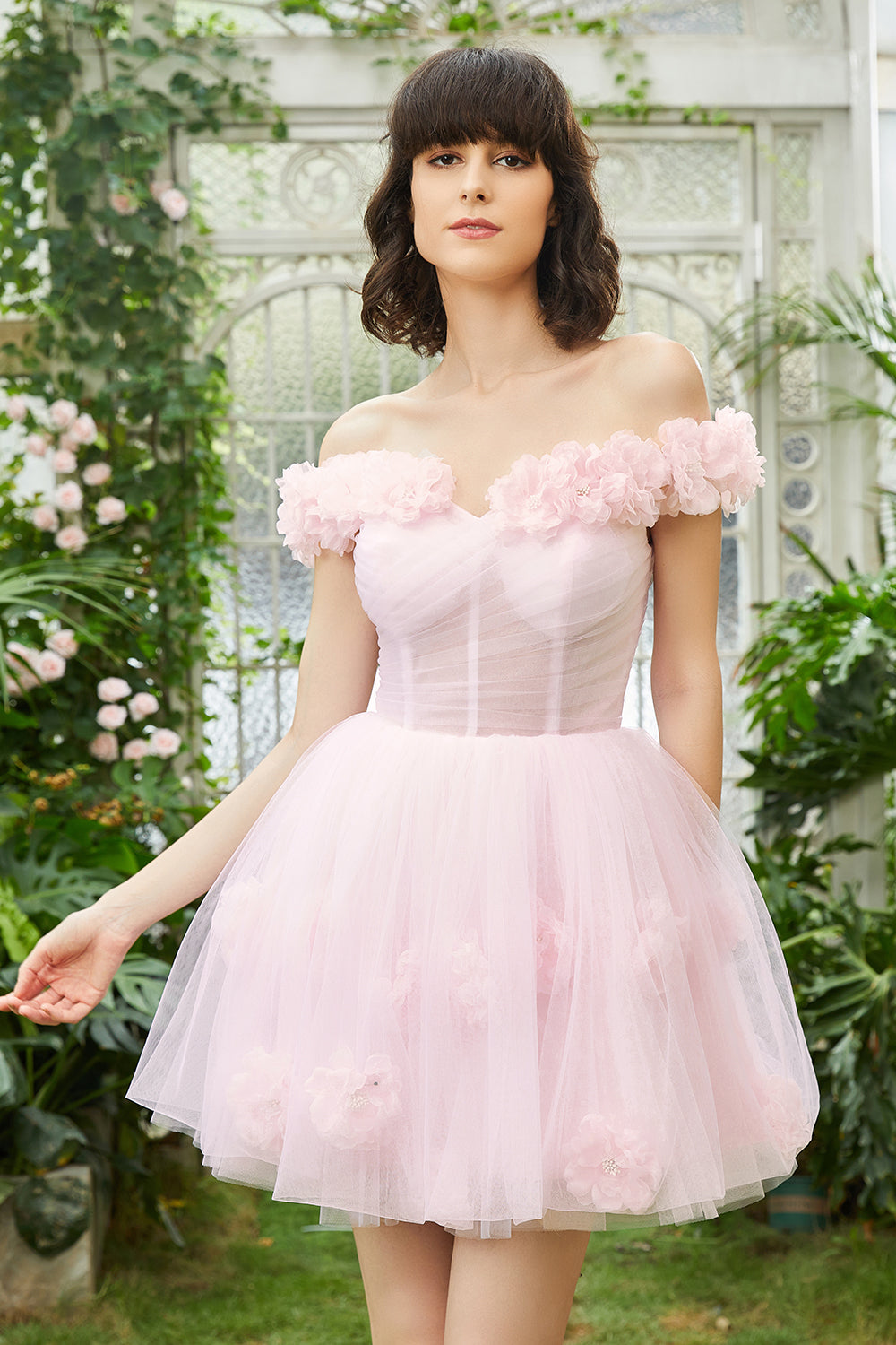 Pink Off the Shoulder Corset Short Formal Dress With Flowers