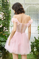 Load image into Gallery viewer, Pink Off the Shoulder Corset Short Formal Dress With Flowers