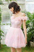 Load image into Gallery viewer, Pink Off the Shoulder Corset Short Formal Dress With Flowers