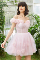 Load image into Gallery viewer, Pink Off the Shoulder Corset Short Formal Dress With Flowers