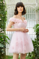 Load image into Gallery viewer, Pink Off the Shoulder Corset Short Formal Dress With Flowers