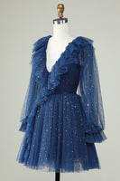 Load image into Gallery viewer, A Line Deep V Neck Navy Short Formal Dress with Ruffles