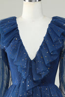 Load image into Gallery viewer, A Line Deep V Neck Navy Short Formal Dress with Ruffles