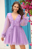 Load image into Gallery viewer, A Line V Neck Navy Short Formal Dress with Long Sleeves