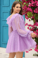 Load image into Gallery viewer, A Line V Neck Navy Short Formal Dress with Long Sleeves