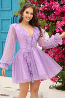 Load image into Gallery viewer, A Line V Neck Navy Short Formal Dress with Long Sleeves