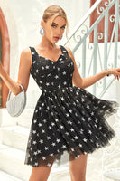 Load image into Gallery viewer, Black A Line Tulle Short Formal Dress with Stars