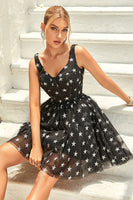 Load image into Gallery viewer, Black A Line Tulle Short Formal Dress with Stars