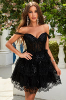 Load image into Gallery viewer, Cute A Line Black Corset Tiered Short Formal Dress with Lace