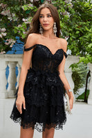 Load image into Gallery viewer, Cute A Line Black Corset Tiered Short Formal Dress with Lace