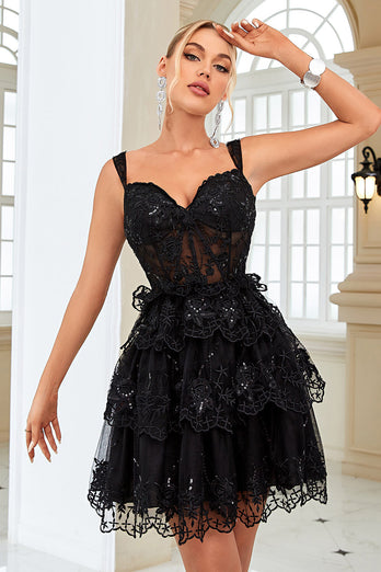 Cute A Line Black Corset Tiered Short Formal Dress with Lace
