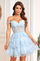 Load image into Gallery viewer, Cute A Line Dark Blue Corset Tiered Short Formal Dress with Lace