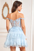 Load image into Gallery viewer, Cute A Line Off the Shoulder Pink Corset Short Formal Dress with Lace