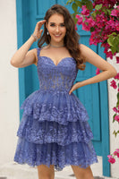 Load image into Gallery viewer, Cute A Line Black Corset Tiered Short Formal Dress with Lace